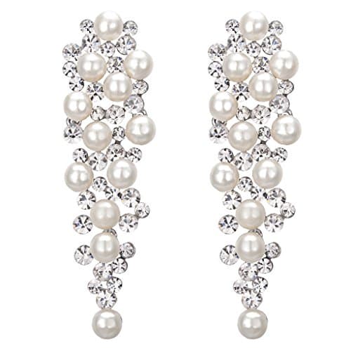 Image of Clearine Women's Wedding Bridal Crystal Ivory Color Simulated Pearl Multi Beaded Cluster Chandelier Dangle Earrings Clear Silver-Tone