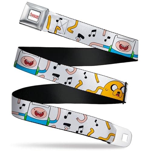 Image of Adventure Time Belt, Seatbelt Buckle Belt, Adventure Time Finn and Jake Dancing and Music Notes White, Adjustable, White, 3.81 cm Wide