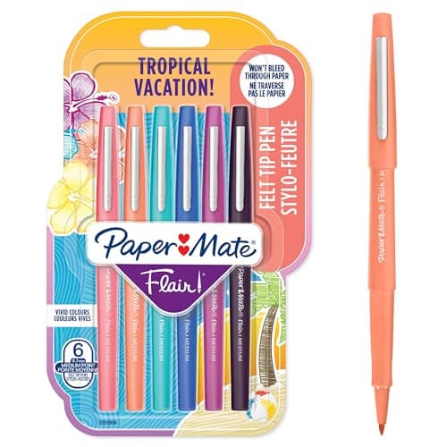 Image of Paper Mate Flair Felt Tip Pens | Medium Point (0.7 mm) Marker Pens | Assorted Tropical Vacation Colouring Pens | For Kids & Adult Colouring, Journalling & More | 6 Count
