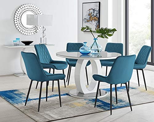 Image of Furniturebox UK Giovani 120cm Large Round Grey Tempered Glass and White Gloss 6 Seater Halo Kitchen Dining Table & 4 Blue Velvet Black Leg Pesaro Dining Chairs