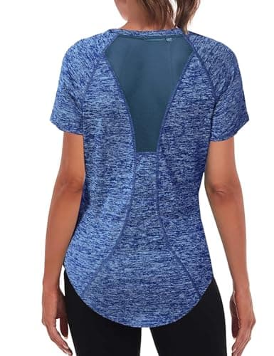 Image of Wayleb Sports Tops for Women Crew Neck Yoga Tops Ladies Workout Running Activewear Short Sleeve Tee Shirts for Womens Dark Blue