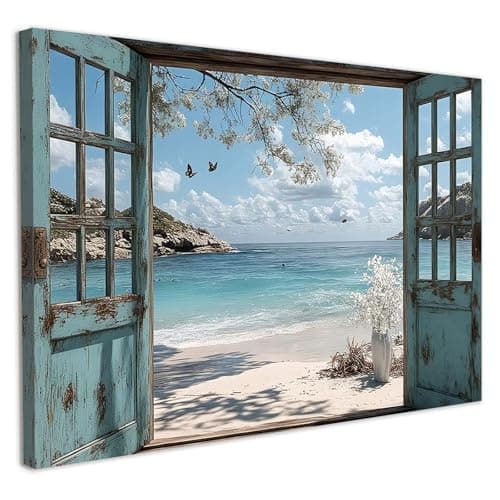 Image of Galmcook Framed Canvas Wall Art 12x16 Inch Ocean Beach Window View Artwork Coastal Wall Canvas Pictures for Living Room Bedroom Hallway Wall Decoration Prints with Hooks Magic Tape and Nails