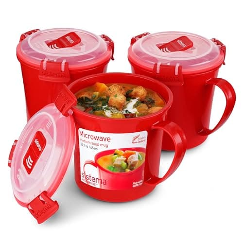 Image of Sistema Microwave Soup Mugs | 656 ml | Microwave Food Containers with Steam Release Vents | BPA-Free | Red | 3 Count
