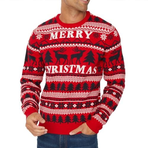 Image of NOROZE Men's Christmas Jumper Reindeer Stag Nordic Polar Bear Festive Unisex Xmas Jumpers (XXL, Merry Christmas Red)