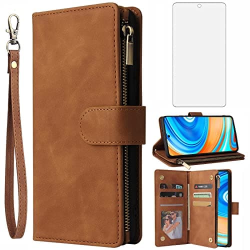 Image of Asuwish Compatible with Xiaomi Redmi Note 9 Pro/Note 9s/Note9 Pro Max/Poco M2 Pro Wallet Case Tempered Glass Screen Protector Flip Cover Card Holder Cell Phone Cases for Redme Note9S Note9Pro 4G Brown