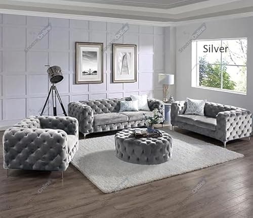 Image of Snooze Upholstered Velvet Monaco Sofa Sets,3 and 2 Seater Sofas & Couches,Chesterfield Sofas for Living Room, Plush Fabric (Silver Plush, 3 Seater)