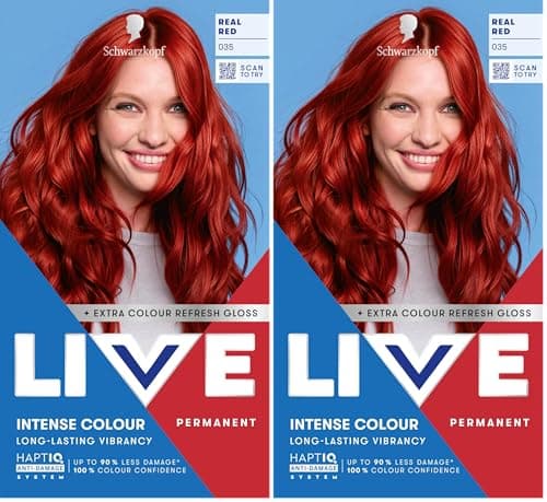 Image of Schwarzkopf LIVE Intense Colour 035 Real Red, Long-lasting Permanent Red Hair Dye, With Extra Colour Refresh Gloss (Pack of 2)