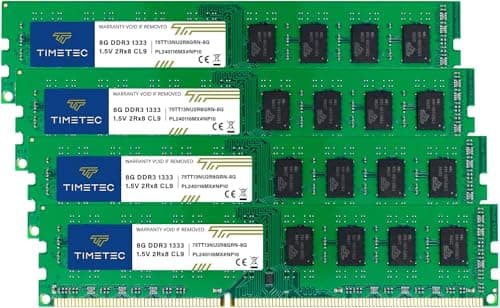 Image of Timetec 32GB KIT(4x8GB) DDR3 1333MHz PC3-10600 Non-ECC Unbuffered 1.5V CL9 2Rx8 Dual Rank 240 Pin UDIMM PC Desktop Computer Memory RAM Module Upgrade (32GB KIT(4x8GB))