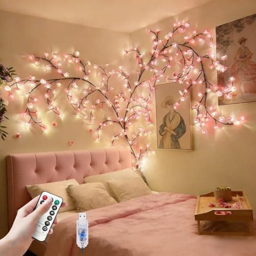 Image of VIMAZ LED Cherry Blossom Tree Branch Lights for Wall,8 Modes Cherry Blossom Lights with 144 LED,Remote,Timer,Cherry Blossoms LED Vine Fairy Light,Decorations for Bedroom,Wall Art,Christmas
