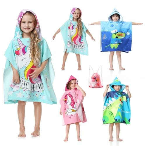 Image of MOKANI Hooded Poncho Towels for Kids, Microfibre Ultra Soft Baby Beach Swimming Towels, Quick Dry Warm Wrap Changing Robe with Drawstring Bag for Boys Girls (Children's Height: 85-110 cm)