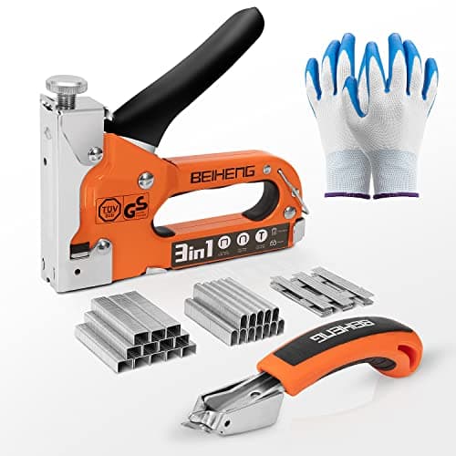 Image of Staple Gun, BeiHeng 3 in 1 Staple Nail Steel Gun with 3000 Staples, Staple Remover, Gloves, Manual Brad Nailer Power Adjustment Stapler Gun for Wood, Crafts, Carpentry, Decoration DIY