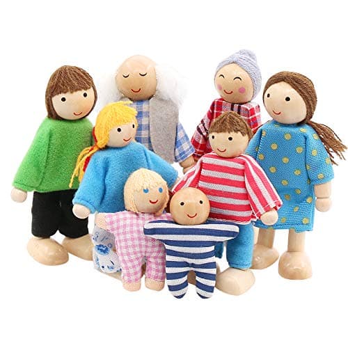 Image of SumDirect Sets of 8 People Wooden Family Doll Toys, Lovely Happy Family Dolls Playset Doll House Accessories for Doll House Kids Children Toy (Style 1)…