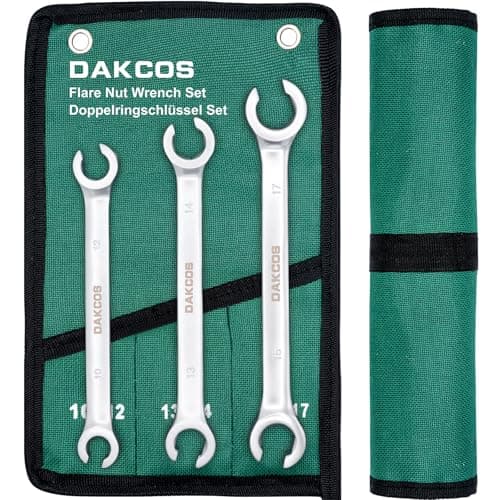 Image of DAKCOS Flare Nut Spanner Set, 3 Pieces Brake Pipe Spanner, Dual End Ring Spanner Wrench Set, Metric 10x12mm, 13x14mm, 15x17mm