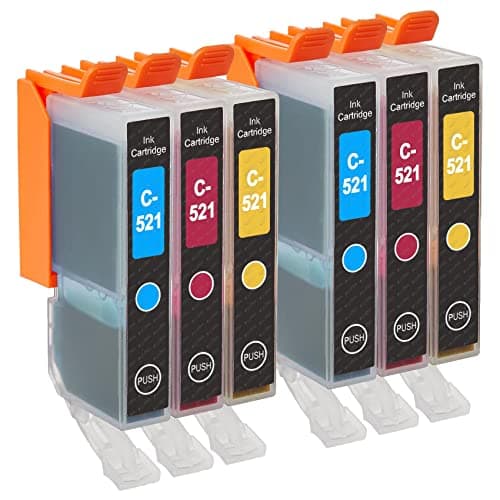 Image of Go Inks C-521CMY Compatible C/M/Y Ink Cartridges to replace Canon CLI-521C, CLI-521M, CLI-521Y for use with Canon PIXMA Printers (Pack of 6)
