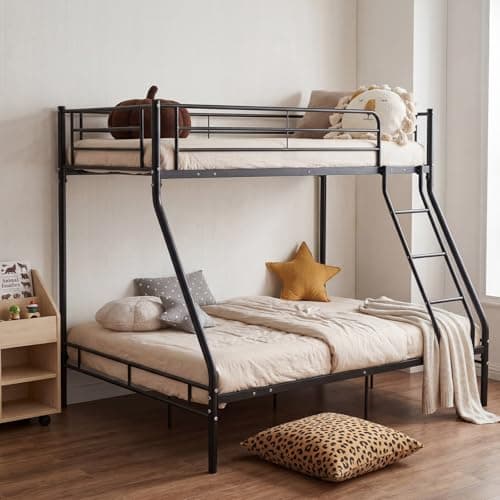 Image of Panana Triple Bunk Bed 3FT Single 4FT6 Double Metal Bed Frame with Ladder & Safety Guardrail for Kids, Teens & Adults (Black)