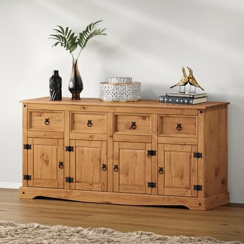 Image of Corona Sideboard 4 Door 4 Drawer Large Solid Wood Pine Wooden Mexican Style Rustic Cabinet Dresser Living Dining Room Kitchen Hallway 76cm High. 164cm Wide. 40cm Deep.
