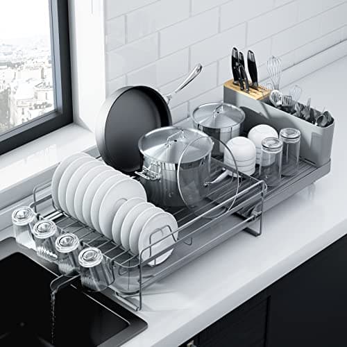 Image of Kitsure Dish Drainer Rack - Extendable Dish Drainer, Multifunctional Dish Rack for Kitchen Counter, Anti-Rust Draining Board Rack with Cutlery & Cup Holders, 67.8cm x 32.7cm x 14.9cm, Grey