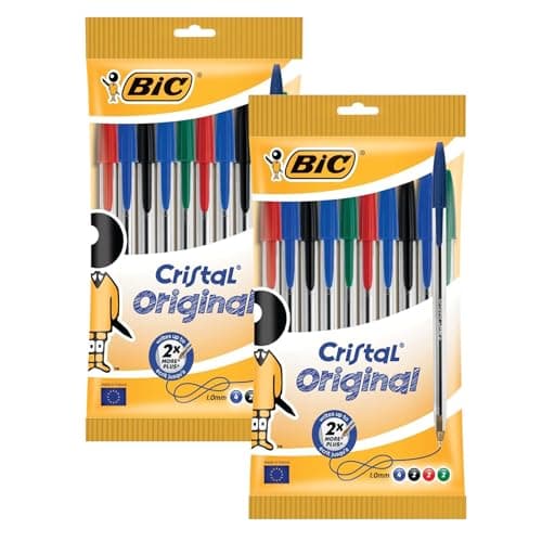 Image of BIC Cristal Ballpoint Pens - Assorted Ink Colour Biro Pens, 1.0mm Medium Point Multicolour Pen, Click-Off Cap & Lightweight Barrel Biros for School, Office, Art Projects & Meeting Notes | Pack of 2