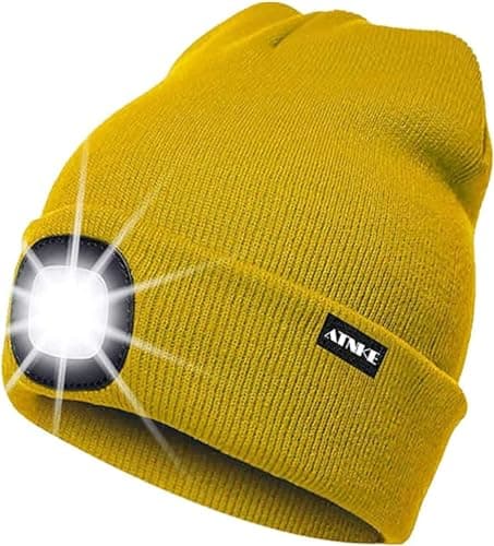 Image of ATNKE LED Lighted Beanie Cap,USB Rechargeable Running Hat Ultra Bright 4 LED Waterproof Light Winter Warm Gifts for Men and Women/Yellow