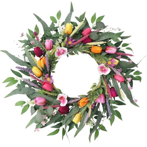 Image of 60CM Tulip Wreaths for Front Door Spring Summer Wreath Fake Silk Floral Wreath with Lavender and Green Leaves for Window Wall Wedding Farmhouse Decor (Green)