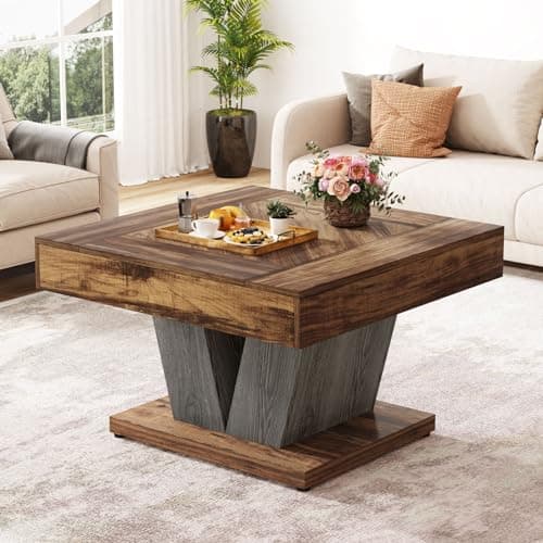 Image of Tribesigns Square Coffee Table, Wood Coffee Table for Living Room, 31.5" Modern Center Table Tea Table Accent Table, Rustic Brown & Black
