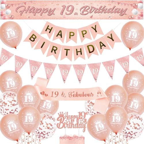 Image of 19th Birthday Decorations Banner Girls - Rose Gold Party Balloons Set with Pennant Sash, Happy 19 Years Old Birthday Yard Banners and Cake Topper for Girl Party Supplies