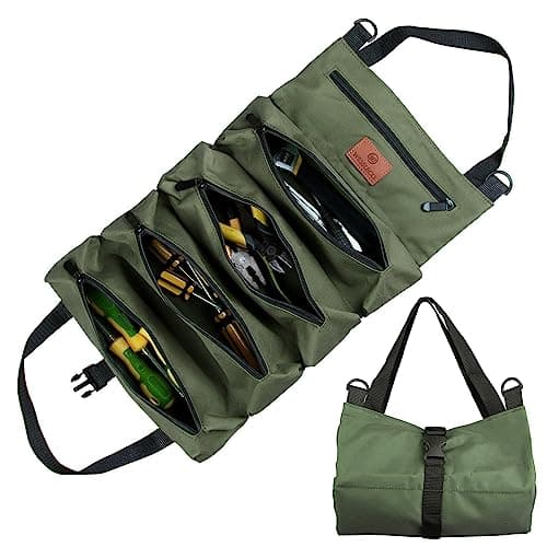 Image of Tool Roll Bag, Canvas Tool Bag, Multi-Purpose Tools Box Organiser with 5 Zip Pockets, Ideal for Plumbers, Craftsmen and Electricians (Army green)