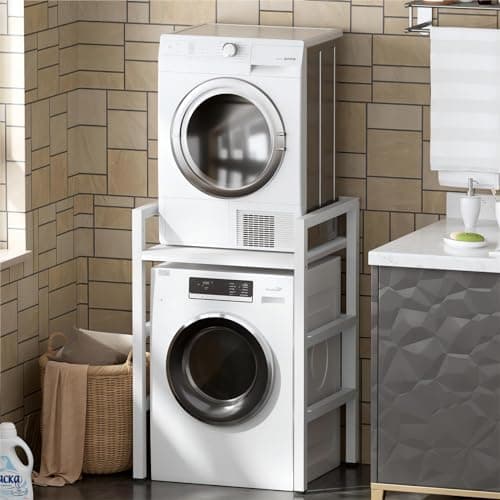 Image of MSFE Washer Dryer Stacking Kit, Height-Adjustable Tumble Dryer Stand, Storage Rack Over the Washing Machine, Load Capacity 350 kg,for Washing Machine and Dryer, 73 x 64 x 110 cm, Patented Product