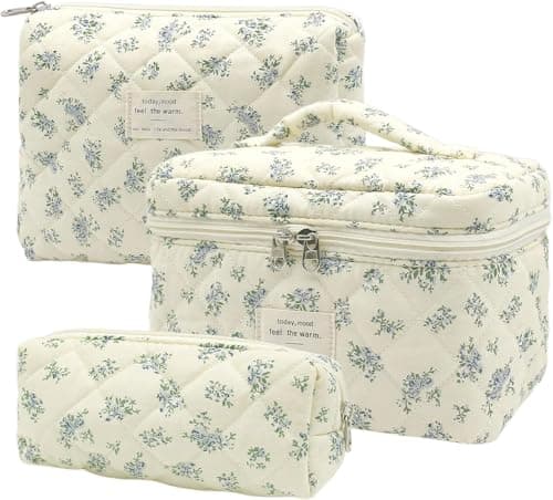 Image of 3Pcs Coquette Makeup Bag, Cotton Quilted Large Capacity Cosmetic Bag, Make Up Bags for Women and Girls, Portable Travel Floral Makeup Bag, Capacity Aesthetic Floral Toiletry Bag (Blue Flower)