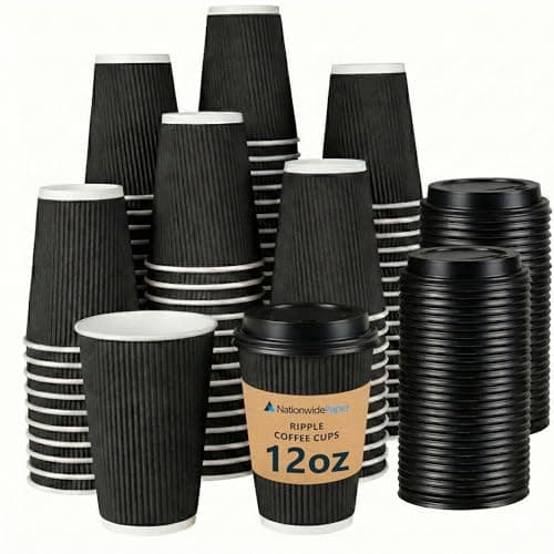 Image of Nationwide Paper Coffee Cups with Lids, Insulated Ripple Hot Paper Cups, Disposable Cups for Takeaway Hot Drinks, (12oz-50 Pcs, Black)