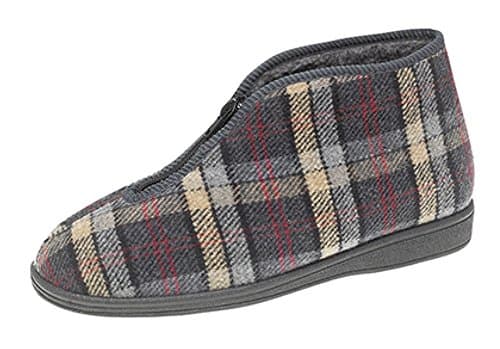 Image of Sleepers JED II Mens Thermal Lined Zip Bootee Slipper with PU Outdoor Sole Grey Check Size 10 UK