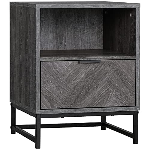 Image of HOMCOM Bedside Table with Drawer and Shelf, Side End Table with Steel Legs for Living Room, Bedroom, Dark Grey