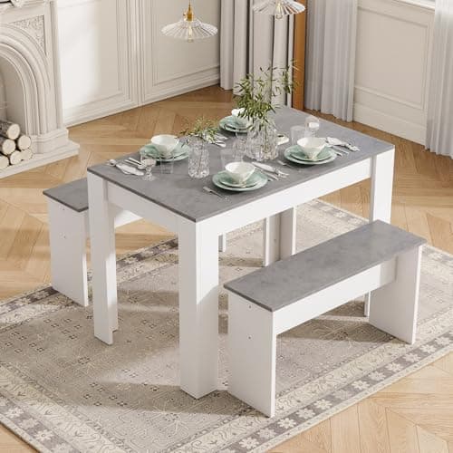 Image of BTM Dining Table with 2 benches Dining Table Set for Kitchen, Dining Room, Small Space Artificial Marble (Grey and White)