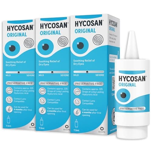 Image of Hycosan Original - Triple Pack - Preservative Free Eyedrops - Sodium Hyaluronate 0.1% - Eye Drops for Mild to Moderate Dry Eye Symptoms and Contact Lens Irritation - 3x7.5ml