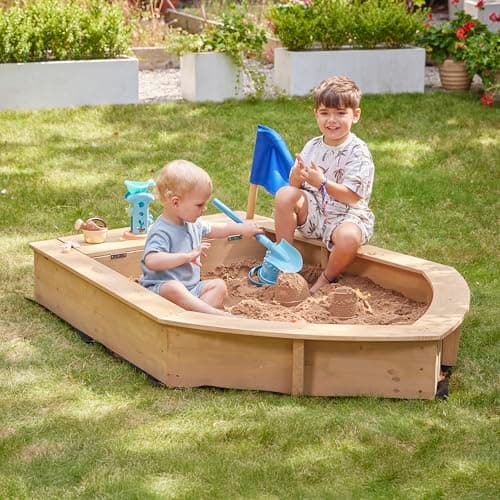 Image of Liberty House Toys Wooden Boat Sand Pit with Seating and Cover