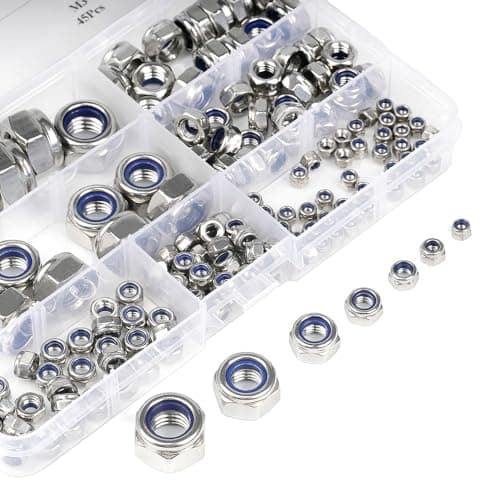 Image of HKDZ Nylon Nuts, Assorted Sizes Lock Nuts,(Pack of 170)Stainless Steel Hex Nylon Lock Nuts Assortment Kit,7 Sizes M3 M4 M5 M6 M8 M10 M12 Self-locking type for bolts and screws,DIN 985