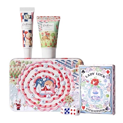 Image of Cath Kidston Hand Cream 30ml, Lip Balm 10ml, Playing Cards, 2 Dice In A Reusable Tin, Mandarin and Peony Scent, Eggnog, Travel Size, Vegan and Cruelty Free, Beauty Gift, Christmas Stocking Filler