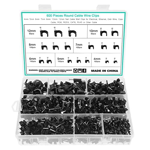 Image of Fippy 600PCS Black Cable Clips Assortment 4mm 5mm 6mm 7mm 8mm 10mm 12mm Steel Nail Cable Clips Cable Tacks for Cable Fixing (Black)