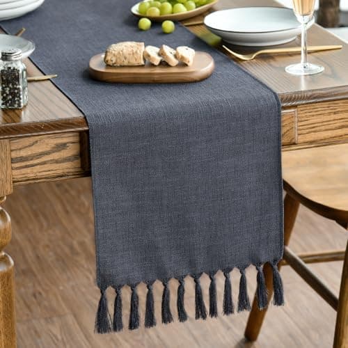 Image of Artoid Mode Graphite Grey Boho Rural Rustic Farmhouse Tassel Table Runner, 33x143 cm Spring Kitchen Dining Table Decoration Wedding Holiday Party Decor