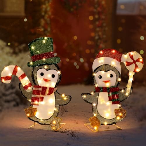 Image of Outopee 2pcs Lighted Christmas Penguin Set Decorations, Pre-lit 2D Holiday Decor with 80 LED Lights, Christmas Festive Ornament for Indoor Outdoor Garden Yard Lawn Porch