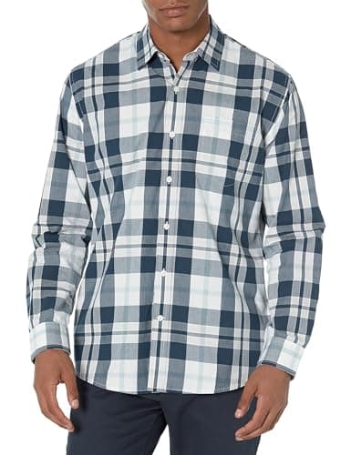 Image of Amazon Essentials Men's Regular-Fit Long-Sleeve Casual Poplin Shirt, White Navy Large Plaid, L