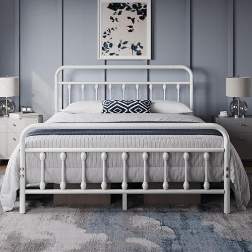 Image of Yaheetech 5ft King Bed Frame Vintage Iron Platform Bed with High Headboard and Footboard, Strong Metal-Framed Bed with Storage White