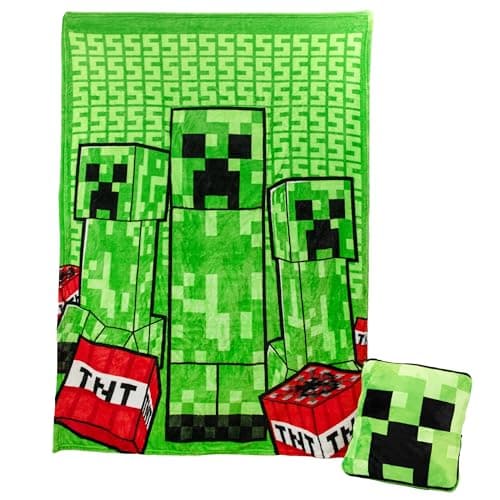 Image of Minecraft Creeper 2-in-1 Cushion Blanket - Officially Licensed Microsoft Travel Blanket, Foldable Soft Fluffy Throw, Compact Design for Living Room or Bedroom Decor, 120cm x 150cm| Paladone