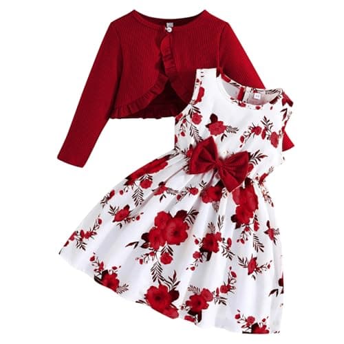 Image of Kunyeah Toddler Girls Dress with Cardigan Set Little Girl Floral Sleeveless Dress Ruffle Coat Baby Long Sleeve Outfit Red