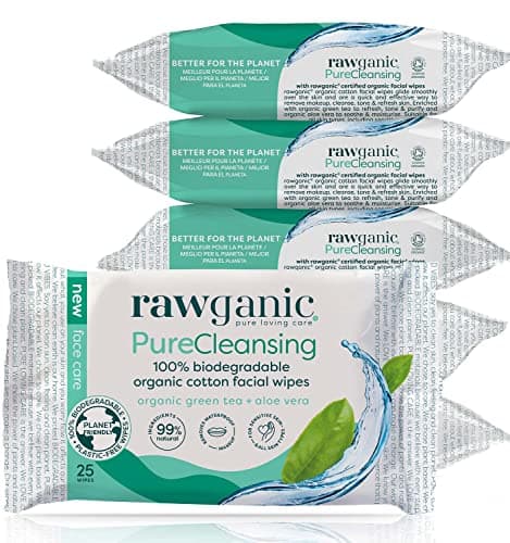 Image of RAWGANIC Pure Cleansing Refreshing Facial Wipes with Aloe Vera and Green Tea | Gentle Soothing Biodegradable Makeup Removal Organic Cotton Wipes | 6 Packs (150 wipes in total)