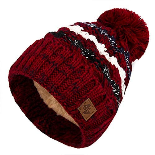 Image of 4sold Unisex Fleece Lined Winter Beanie – Warm Cable Knit Bobble with Pom Pom UK, Soft Wooly Thermal Cap for Men & Women, Thick Cosy Knitted Design for Cold Weather Maroon
