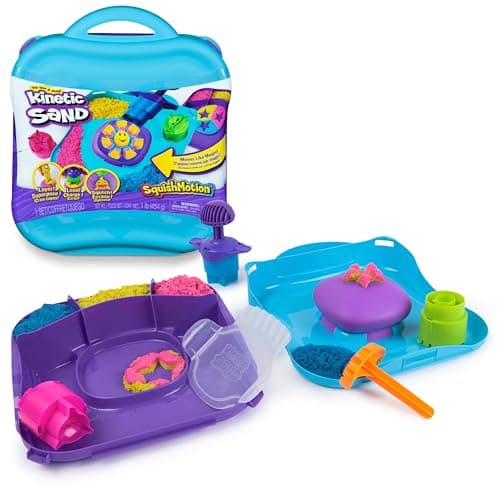 Image of Kinetic Sand, SquishMotion Playset with 453g Pink, Yellow, Blue Play Sand, Stamper & 5 Tools, Reusable Storage Case, Sensory Toys for Kids Aged 5+