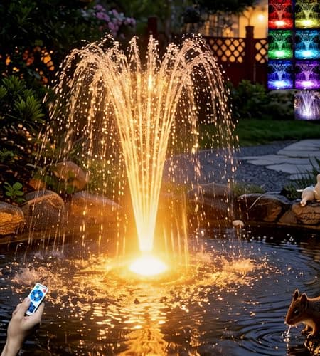 Image of Biling Floating Pond Water Fountain with RGB LED Lights and Remote, 2500L/H Water Pump with 27 FT Power Cord UK Plug, 3 Spray Patterns, for Indoor Outdoor Garden Fish Pond Water Features