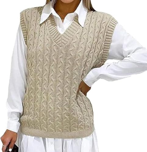 Image of Women's Ladies Cable Knit Sleeveless Vest Knitted Jumper V Neck Tank Top Chunky Sweaters Pull Over Casual Plus Size 8-22 UK (Stone, 16-18)