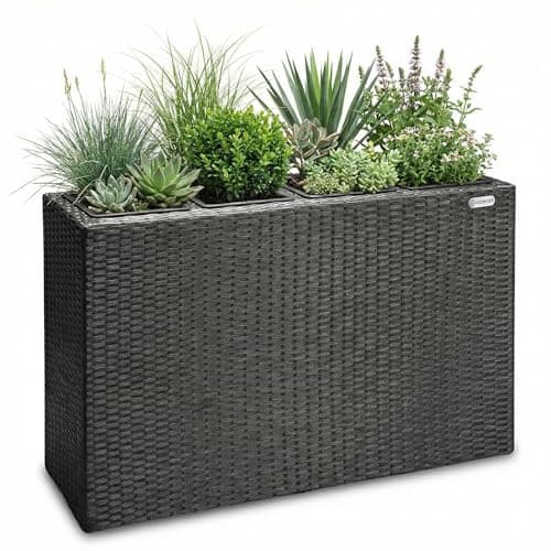 Image of CASARIA® Flower Box | Large Tall Rattan Flower Pot Planter | 4 Removable Inner Plant Pots With Water Drain | Poly Rattan Mesh Trough Flower Box Planters Outdoor Garden | 95x27x60cm | Black